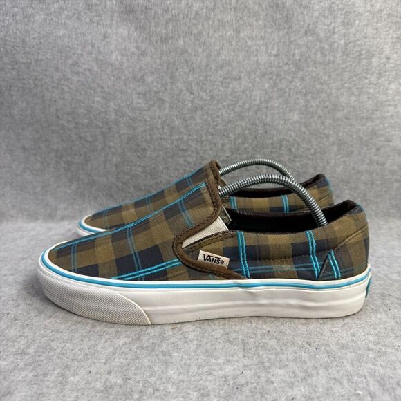 Vans Shoes Mens Size 7 Brown & Blue Plaid Slip On Casual Skateboard Sneakers - Picture 1 of 9